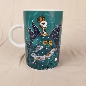 Danica Studio Tall Coffee Mug Teal Whimsical Forest Fox Rabbit Peacock NWOT